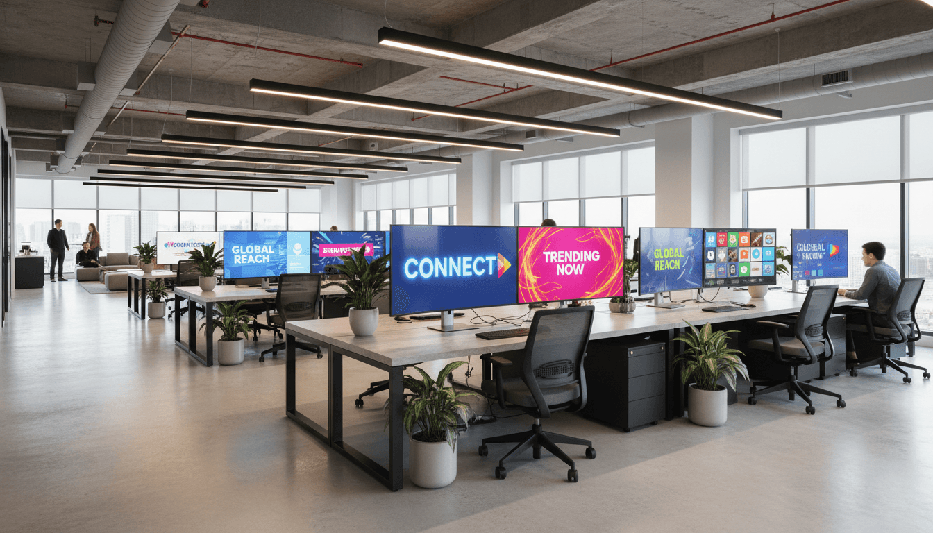Modern office space with digital marketing content on screens