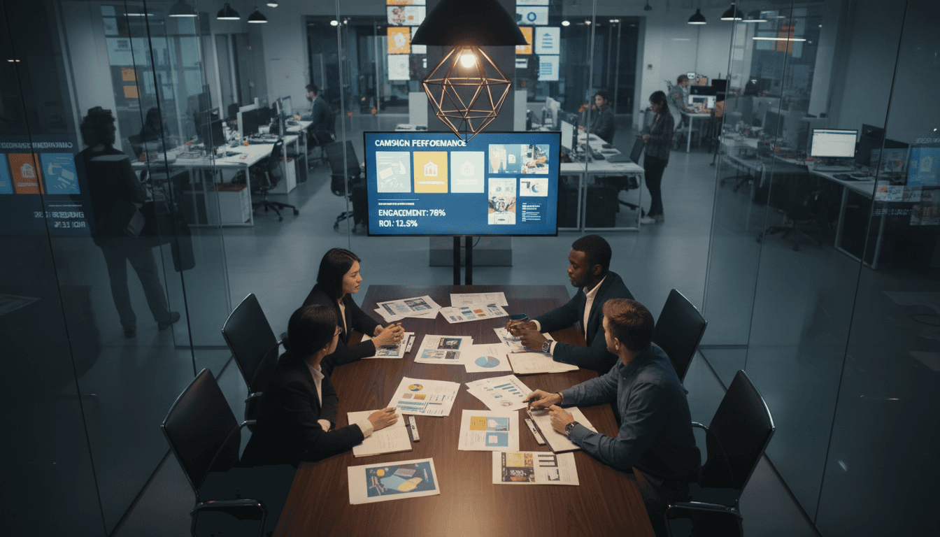 Marketing team reviewing campaign data in a whiteboard session