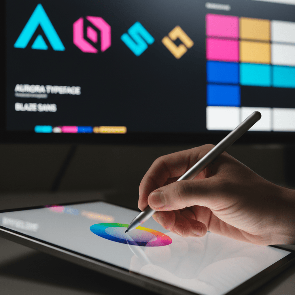 Graphic designer's hand holding stylus selecting colors on tablet with brand identity design on monitor